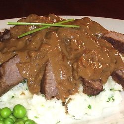 Bourbon, Brown Sugar Flank Steak W/ Garlic-chive Mashed Potatoes