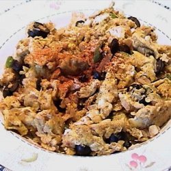 Scrambled eggs and olives