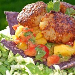 A Salad of Seared Scallops, Mango Salsa and Tortilla Strips