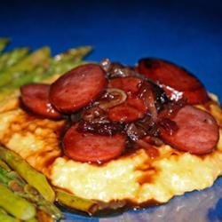 Raspberry Kielbasa over Cheese Grits