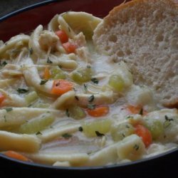 Chicken Noodle Soup over Mashed Potatoes