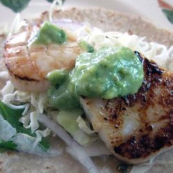 Grilled Scallops Tacos and Cabbage Slaw With Spicy Avocado Sauce