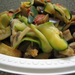 Zucchini Pasta With Mushrooms, Eggplant and Roasted Peppers