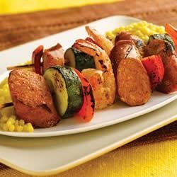 Grilled Chipotle Chorizo Chicken Sausage & Shrimp Kabobs