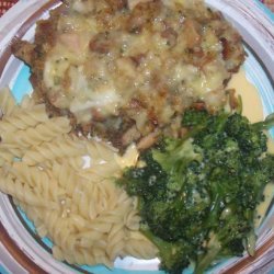 Baked Swiss Chicken over Tri-Colored Spiral Pasta