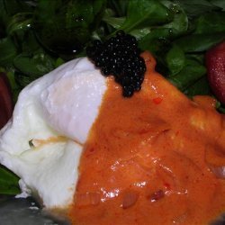 Poached Eggs on Field Salad With Tomato Sauce and Caviar
