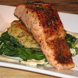 Seared Salmon on Potato Cake, Wilted Spinach W/ Dijon Sauce