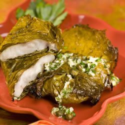 Red Snapper in Grape Leaves with Garlic and Caper butter