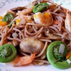 Fiddlehead Ferns and Shrimp over Linguine