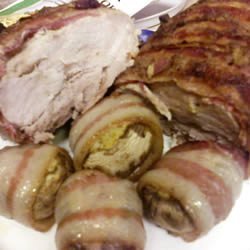 Bacon Mustard Pork Roast with Stuffed Mushroom Caps