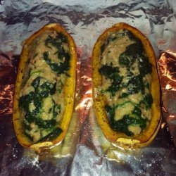 Roasted Delicata Squash Stuffed W/ Beans & Spinach