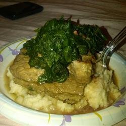 Cumin Lamb Steaks with Smashed Potatoes, Wilted Spinach and Red Wine Sauce