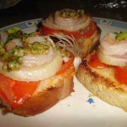 Shrimp-Onion Crostini With Almond-Parsley Pesto