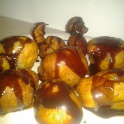 Peanut Butter Banana Fritters Drizzled With Chocolate Sauce