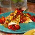 Grilled Halibut with Corn-Coconut Curry Sauce and Grilled Cherry Tomato Chutney (Bobby Flay)