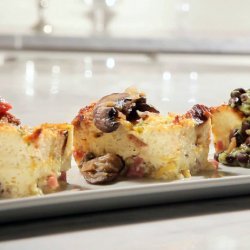 Savory Breakfast Casserole with a Trio of Toppings: Mushroom and Onion Jam, Tomato and Pesto and Avocado Black Bean Salsa (Sandra Lee)