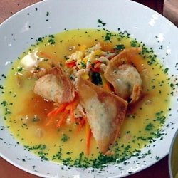 Swirl of Roasted Red and Yellow Pepper Soup with Shrimp Dumplings (Emeril Lagasse)