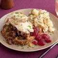 What a Face! Open Faced Hot Turkey Sammys with Sausage Stuffing and Gravy, Smashed Potatoes with Bacon, Warm Apple Cranberry Sauce (Rachael Ray)