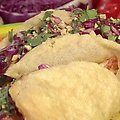 Yucatan Chicken Puffy Tacos with Peanut-Red Chili BBQ Sauce and Red Cabbage Slaw (Bobby Flay)