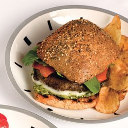 Portobello Burgers with Pesto, Provolone, and Roasted Peppers