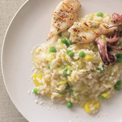 Leek and Pea Risotto with Grilled Calamari