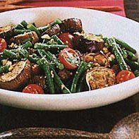 Tangy Eggplant, Long Beans, and Cherry Tomatoes with Roasted Peanuts