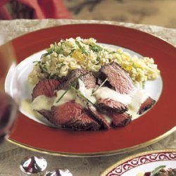 Grilled Beef Tenderloin with Roasted Garlic Sauce and Leek-Tomato Quinoa