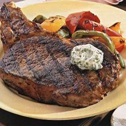 Rib-Eye Steaks with Bell Peppers and Gorgonzola Butter