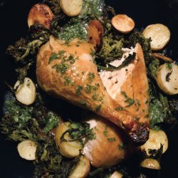 Roast Chicken with Broccoli Rabe, Fingerling Potatoes, and Garlic-Parsley Jus