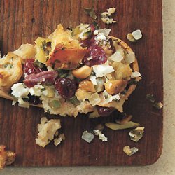 Country Bread Stuffing with Smoked Ham, Goat Cheese, and Dried Cherries