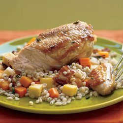 Herb-Basted Chicken with Pearl Barley, Bacon, and Root Vegetable Pilaf