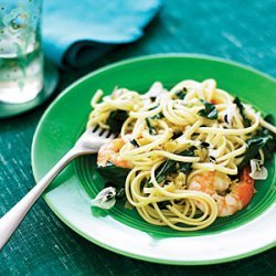Linguine with Fava Greens, Shrimp, and Green Garlic