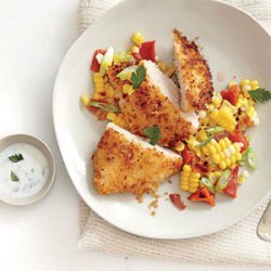 Panko-Crusted Chicken with Roasted Corn Hash and Buttermilk Dressing