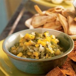 Roasted Tomatillo-Mango Salsa with Spiced Tortilla Chips