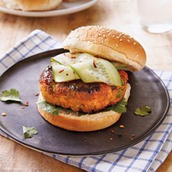 Hoisin-Glazed Salmon Burgers with Pickled Cucumber