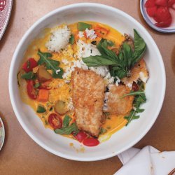 Bass with Herbed Rice and Coconut-Vegetable Chowder