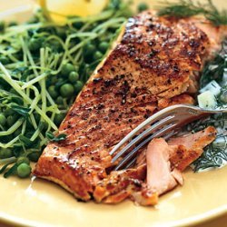 Salmon with Peas, Pea Tendrils, and Dill-Cucumber Sauce