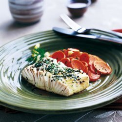 Sake-Steamed Halibut with Dilled Carrots