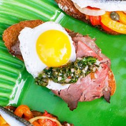 Picnic Crostini with Roast Beef, Chimichurri, and Quail Egg