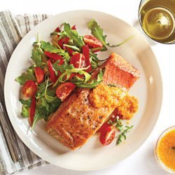 Crispy Salmon and Arugula Salad with Carrot-Ginger Vinaigrette