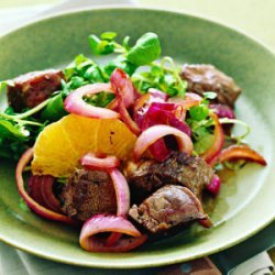 Seared Sirloin with Balsamic Red Onions, Watercress, and Oranges