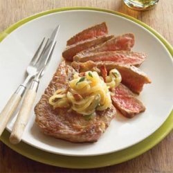 Rib-eyes with Beer-Onion Relish