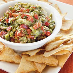 Roasted Garlic, Poblano, and Red Pepper Guacamole with Homemade Tortilla Chips