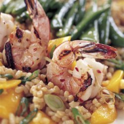 Spicy Grilled Shrimp with Rice and Mango Salad and Sesame Sugar Snap Peas