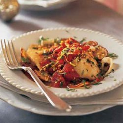 Baked Fish with Roasted Potatoes, Tomatoes, and Salmoriglio Sauce