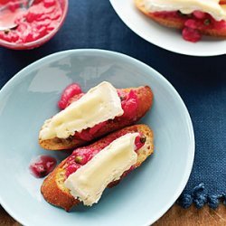 Brie, Rhubarb, and Green Peppercorn Crostini