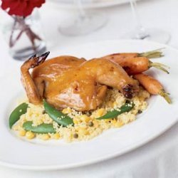 Maple Mustard-glazed Hens with Corn and Pea Couscous