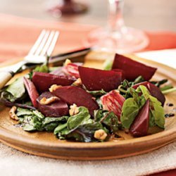 Roasted Beet and Shallot Salad over Wilted Beet Greens and Arugula