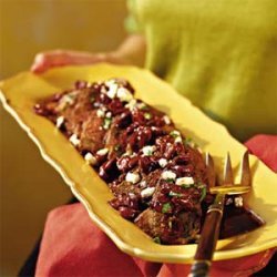 Peppered Sirloin with Cherry-Merlot Sauce and Gorgonzola