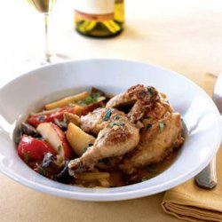 Oven-Braised Cornish Hens with Cider Vinegar and Warm Vegetable Sauce